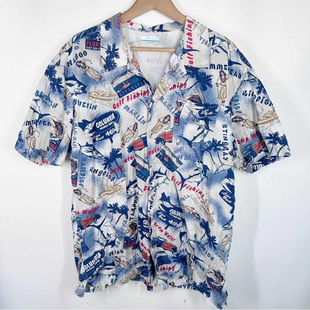 Columbia PFG Vented Back Button Up Shirt Size XL Shark Hawaii Girl Fishing